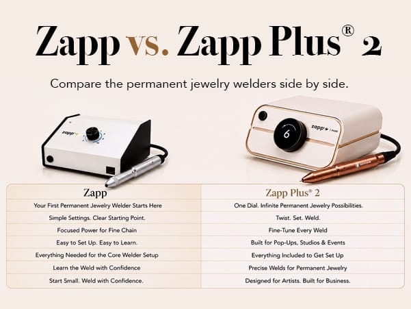Zapp vs. Zapp Plus 2 · Compare both permanent jewelry welders side by side.